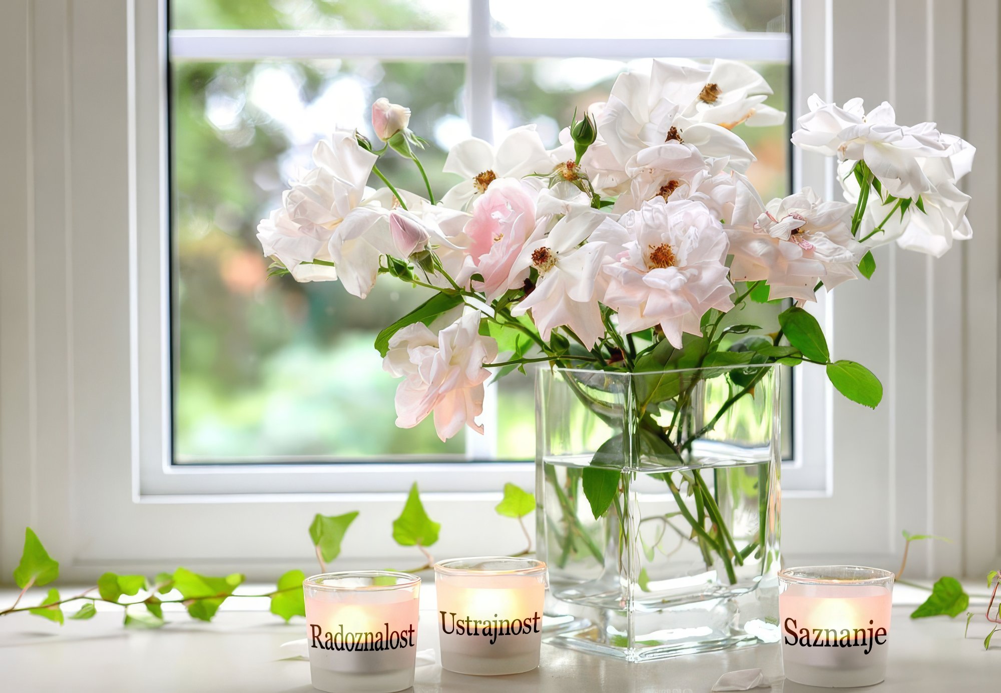 Ruže u vazi sa svijećama – Radoznalost, Ustrajnost, Saznanje